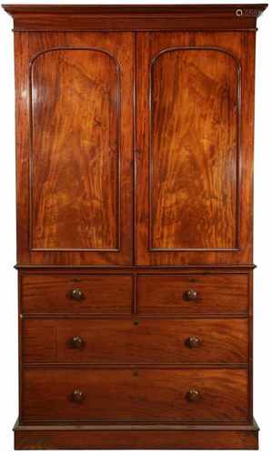 A mahogany veneered English wardrobe cabinet with two large and two small drawers under two doors.