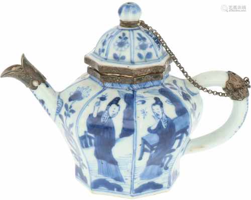 A porcelain teapot with sectioned floral and 'Linghi'-style décor and silver mounts. China,