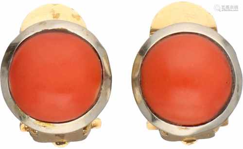 Earrings bicolour gold, red coral - 14 ct.