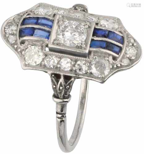 Ring platina, ca. 0.65 carat diamond and sapphire - Pt 900.