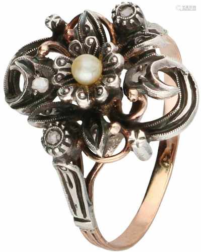 Ring gold/silver, diamond and seapearl - 18 ct.