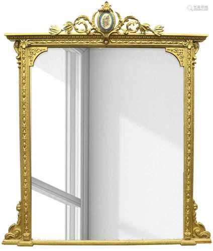 A wood chimney mirror with porcelain plaque. France, First half 20th century.