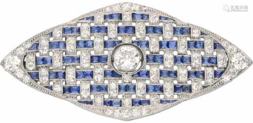 Brooch platina, ca. 1.81 carat diamond and sapphire - Pt 950.