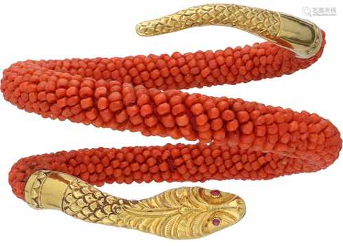 Bangle snake shaped bracelet yellow gold, red coral and ruby - 18 ct.