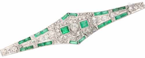 Brooch white gold, ca. 0.51 carat diamond and emerald - BLA 10 ct.