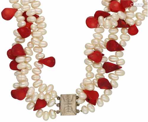 Necklace with silver closure, pearl and red agate - 925/1000.