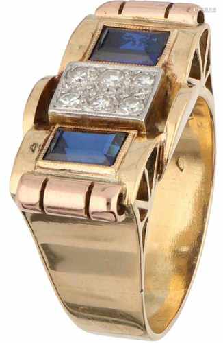 Tank ring bicolour gold, ca. 0.18 carat diamond and sapphire - 18 ct.