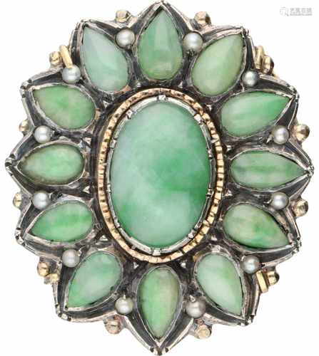 Pendant yellow gold, jade in silver setting - 14 ct. and 925/1000.