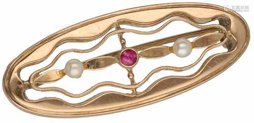 Brooch rosé gold, ruby and cultured pearl - 14 ct.