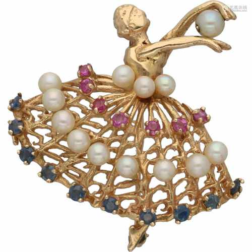 Brooch ballerina yellow gold, sapphire, ruby and cultured pearl - BLA 10 ct.