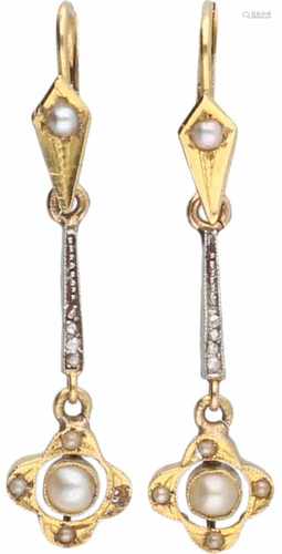 Earrings bicolour gold, diamond and seapearl - 14 ct.