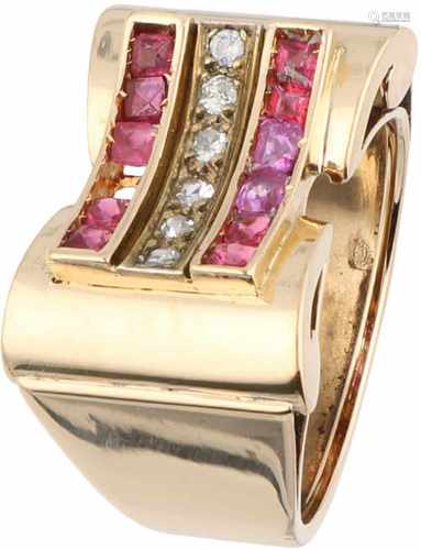 Tank ring yellow gold, ca. 0.03 carat diamond and ruby - 14 ct.