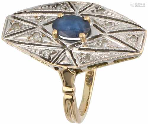 Ring bicolour gold, ca. 0.10 carat diamond and sapphire - 18 ct.