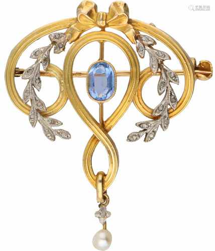 Pendant/brooch yellow gold, diamond, blue spinel and pearl - 18 ct.