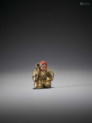 A RARE INLAID AND LACQUERED WOOD NETSUKE OF A DANC…