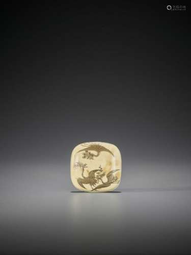 A LACQUERED IVORY HAKO NETSUKE WITH CRANES AND THR…