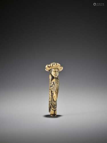 AN EXCELLENT STAG ANTLER NETSUKE OF A STANDING DUT…