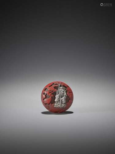 A RARE INLAID TSUISHU MANJU NETSUKE WITH JUROJIN A…