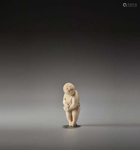 A RARE SPERM WHALE TOOTH NETSUKE OF A CHUBBY KARAK…