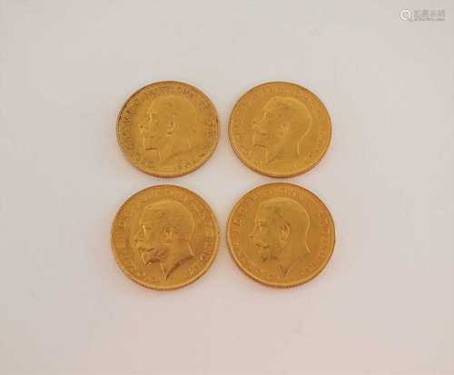 Four George V half sovereigns