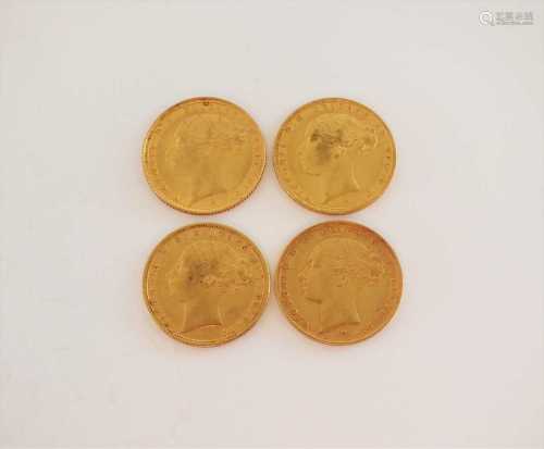 Four Victoria Young head sovereigns