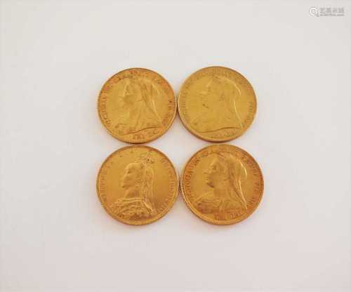 Four Victoria Jubilee and Old head sovereigns