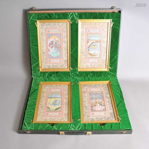 A cased set of Four Middle Eastern / Islamic silk panels