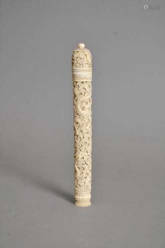 A Cantonese carved ivory needle case