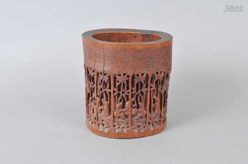 A large Chinese carved bamboo brush pot, Bitong, Qing dynasty