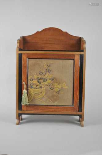 A small Edwardian mahogany hall cabinet with a Japanese lacquer panelled door