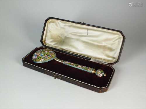 A late 19th century Russian silver gilt and champleve enamel spoon