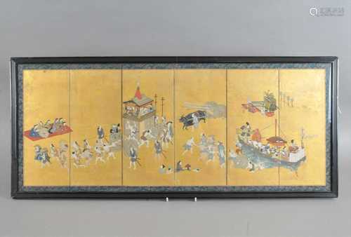 A 19th century Japanese 6-panel table screen or byobu, depicting what is thought to be the Gion