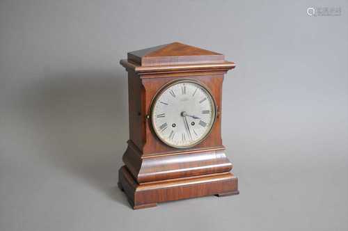 A 19th century mahogany cased mantle clock, W. Mahr, 90 Bolsover St, London, lenzkirch