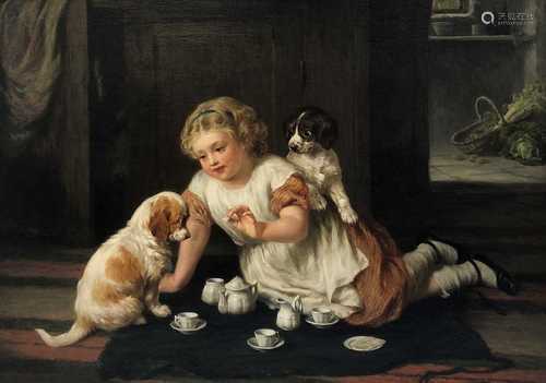 George Augustus Holmes, Young Girl playing with puppies, oil on canvas