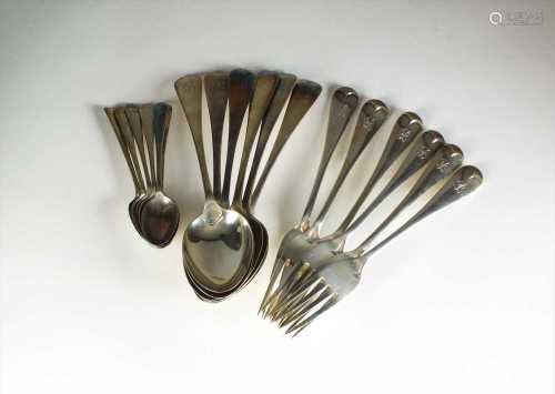 A set of Old English pattern silver dessert spoons and forks
