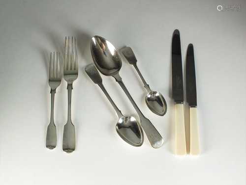 A matched set of Fiddle pattern silver flatware