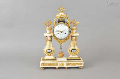 A 19th century white marble and ormolu cased portico type mantle clock by Vauchez, Paris