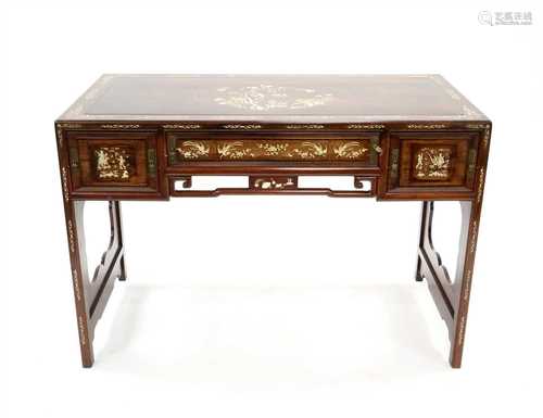 A late 19th / early 20th century Chinese hardwood desk inlaid with ivory and bone