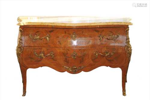 An early 20th Century Louis XV style French parquetry marble-topped bombe commode