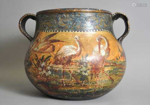 A large decorative continental Art Nouveau painted terracotta two handled vessel