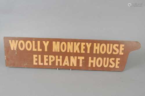 A 20th century hand painted zoo sign 'Woolly Monkey House, Elephant House'