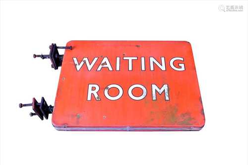 A large double-sided 20th century enamel 'Waiting Room' sign, possibly British Railways