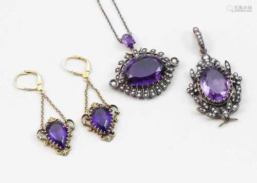 Amethyst-Collier, -Anhänger und Paar -Ohrhänger mit Sicherungsbügel.br