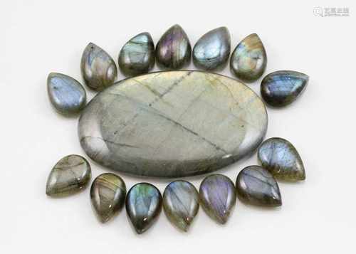 Ein großer und 14 kleine Labradorite, zus. ca. 155 ct.