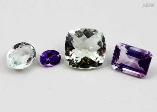 Zwei Prasiolithe (grüner Amethyst) und zwei Amethyste, zus. 22,6 ct.