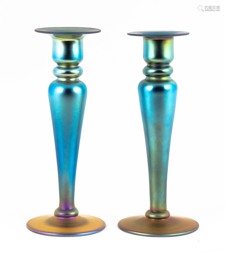 Pair of Blue & Gold Steuben Aurene Candlesticks