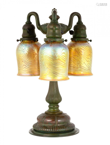 Tiffany Studios, NY Three Arm Newel Post Lamp