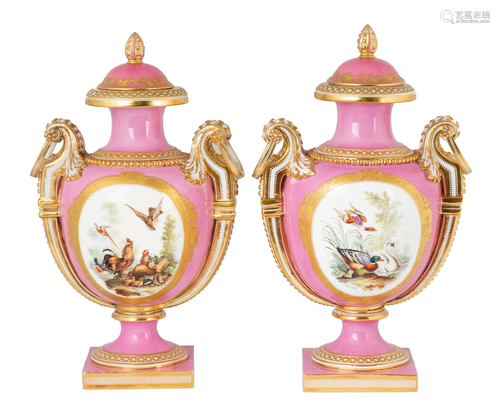 Pair of Porcelain Pink Ground Vases and Covers