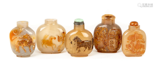 Group of Five Chinese Carved Agate Snuff Bottles