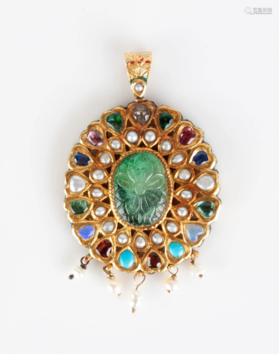 Mughal 22kt Gold, Enamel and Gem Set Pendant